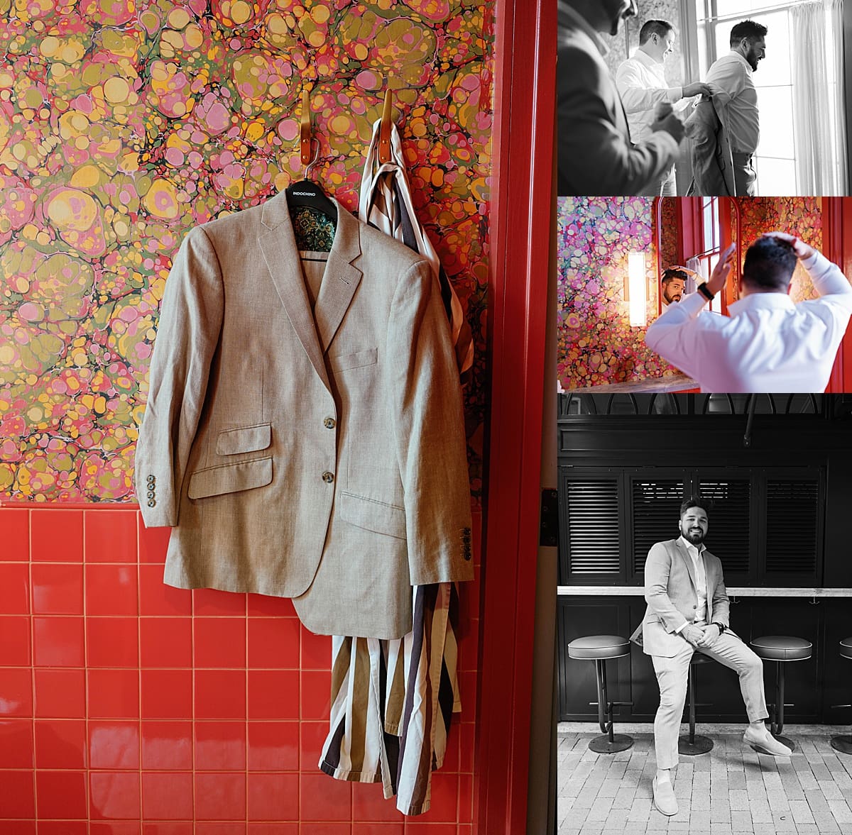 Groom fixes his hair in the mirror before seeing his bride by New Orleans wedding photographer