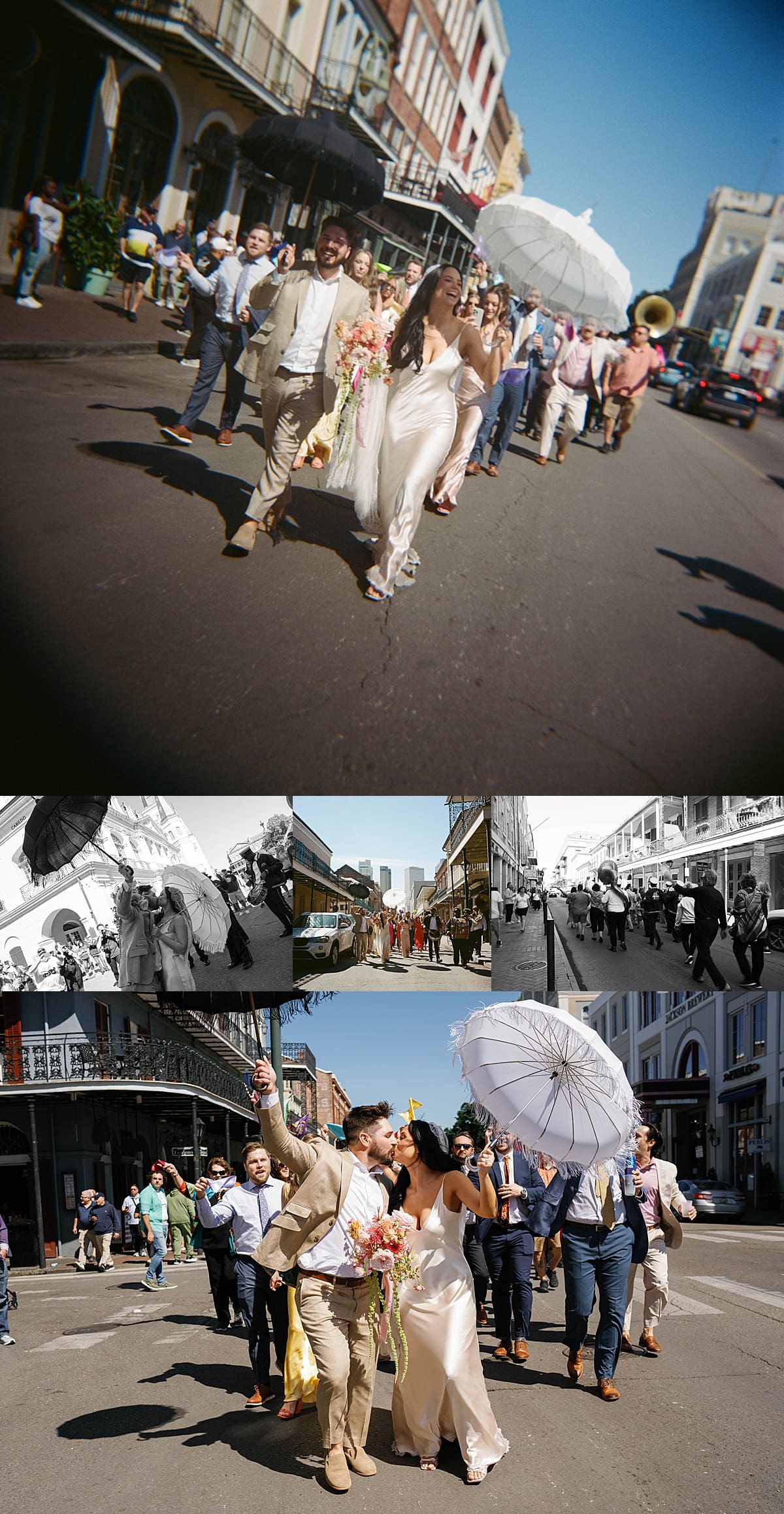Couple walks down the street during their second line before going to Race + Religious for their ceremony.