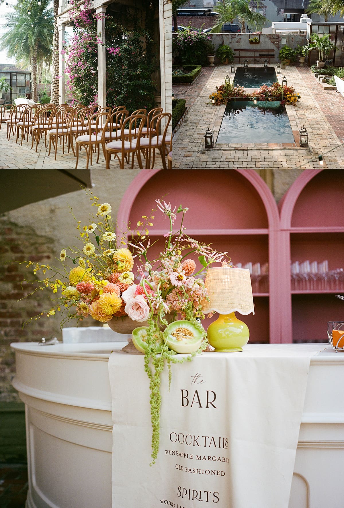 Florals are lining a bridge over the top of a pool at Race + Religious