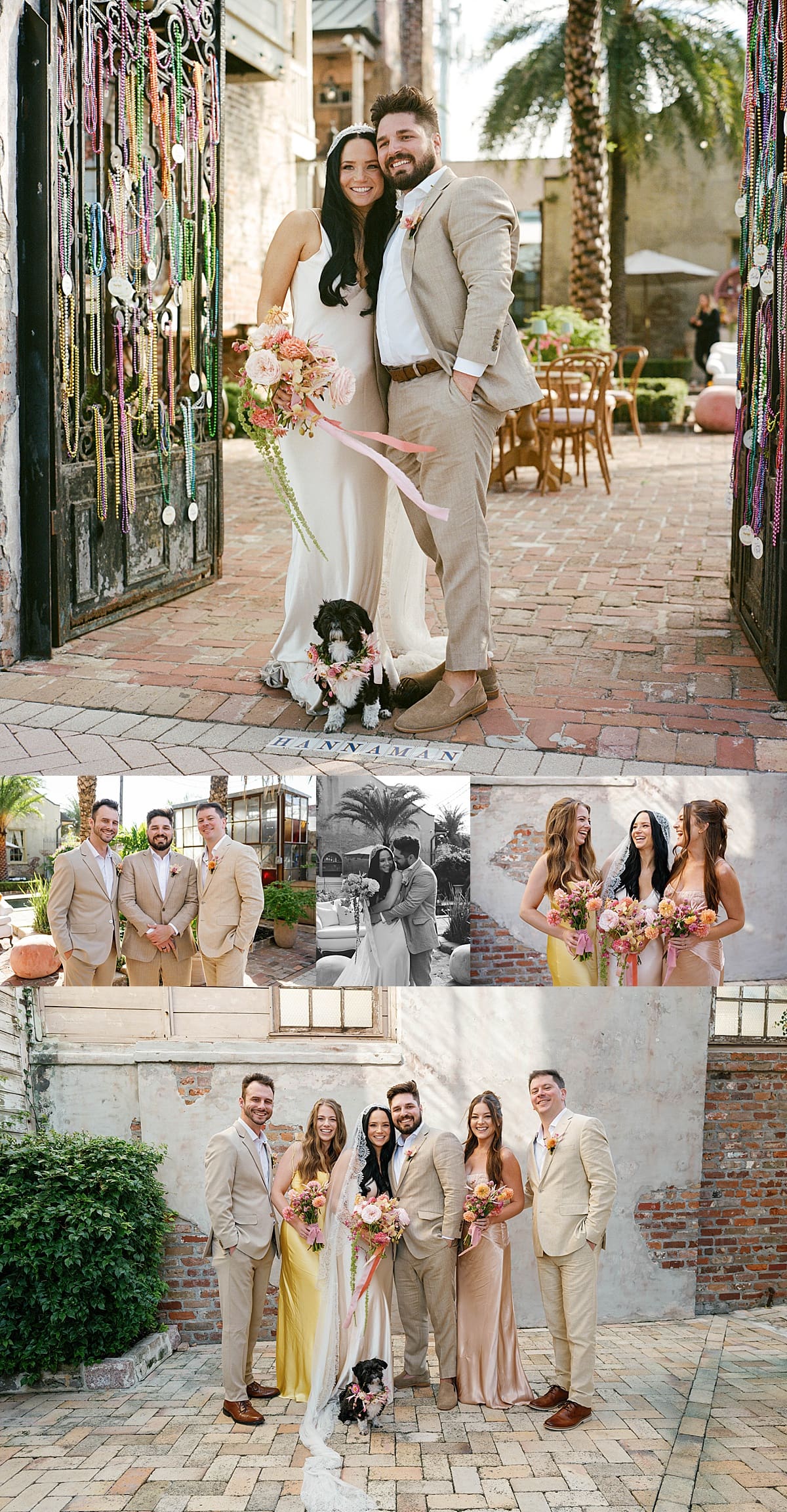 Wedding party in beige and yellow all smile at the camera by New Orleans wedding photographer