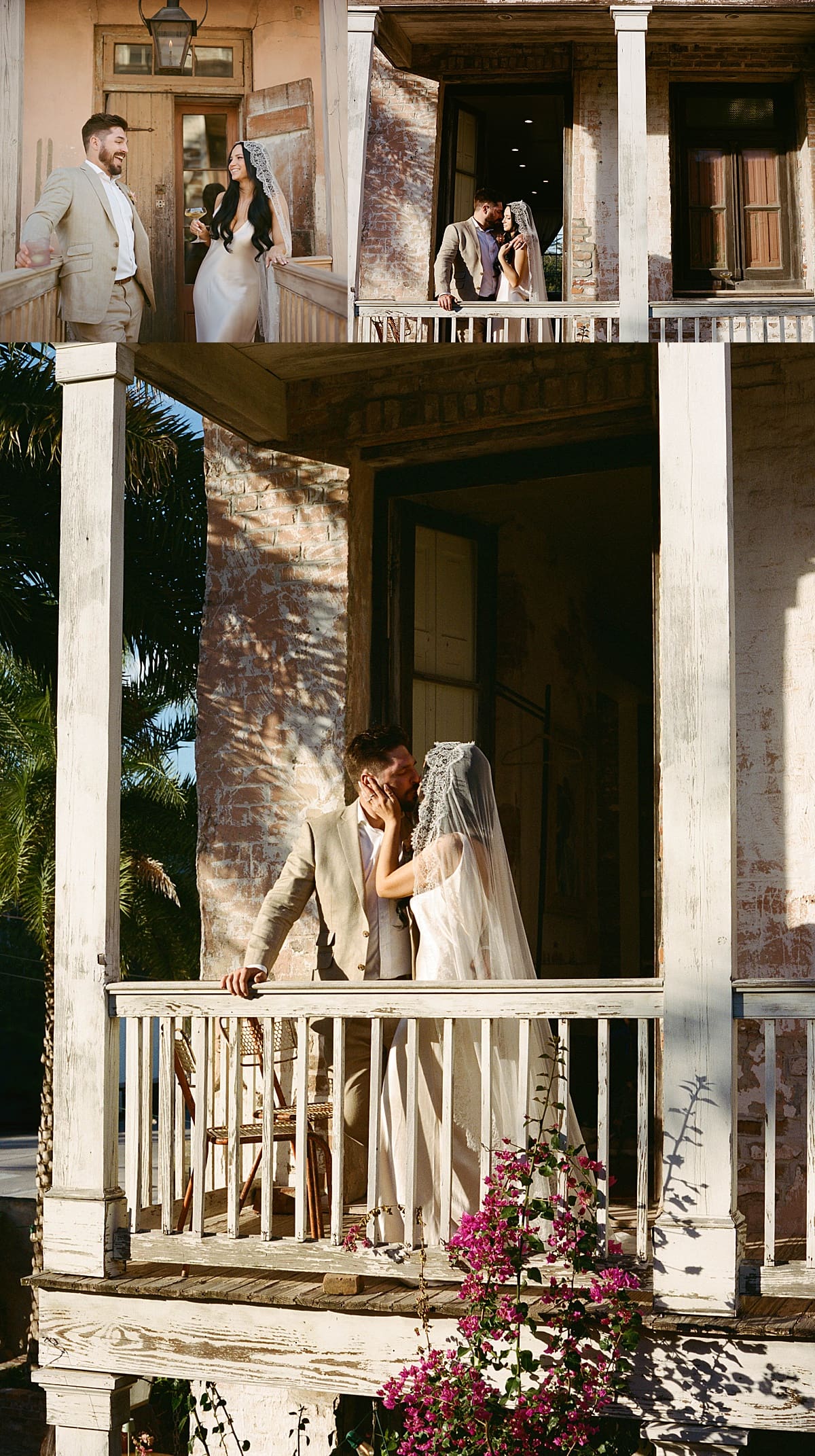 Couple kisses on the porch on their big day by New Orleans wedding photographer