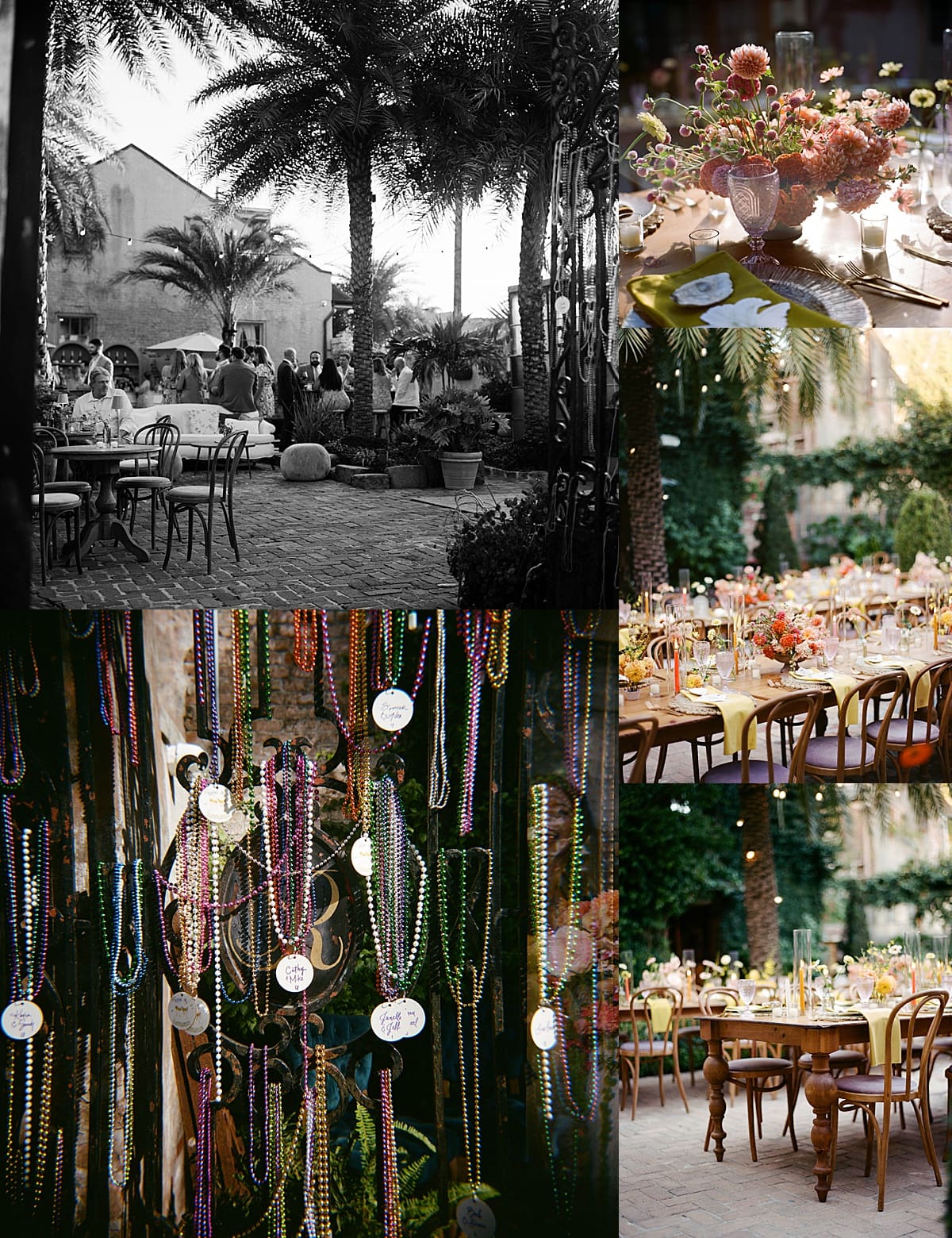 Mardi Gras beads hang from the wall as a table number setting by Shannon McLaughlin Photography