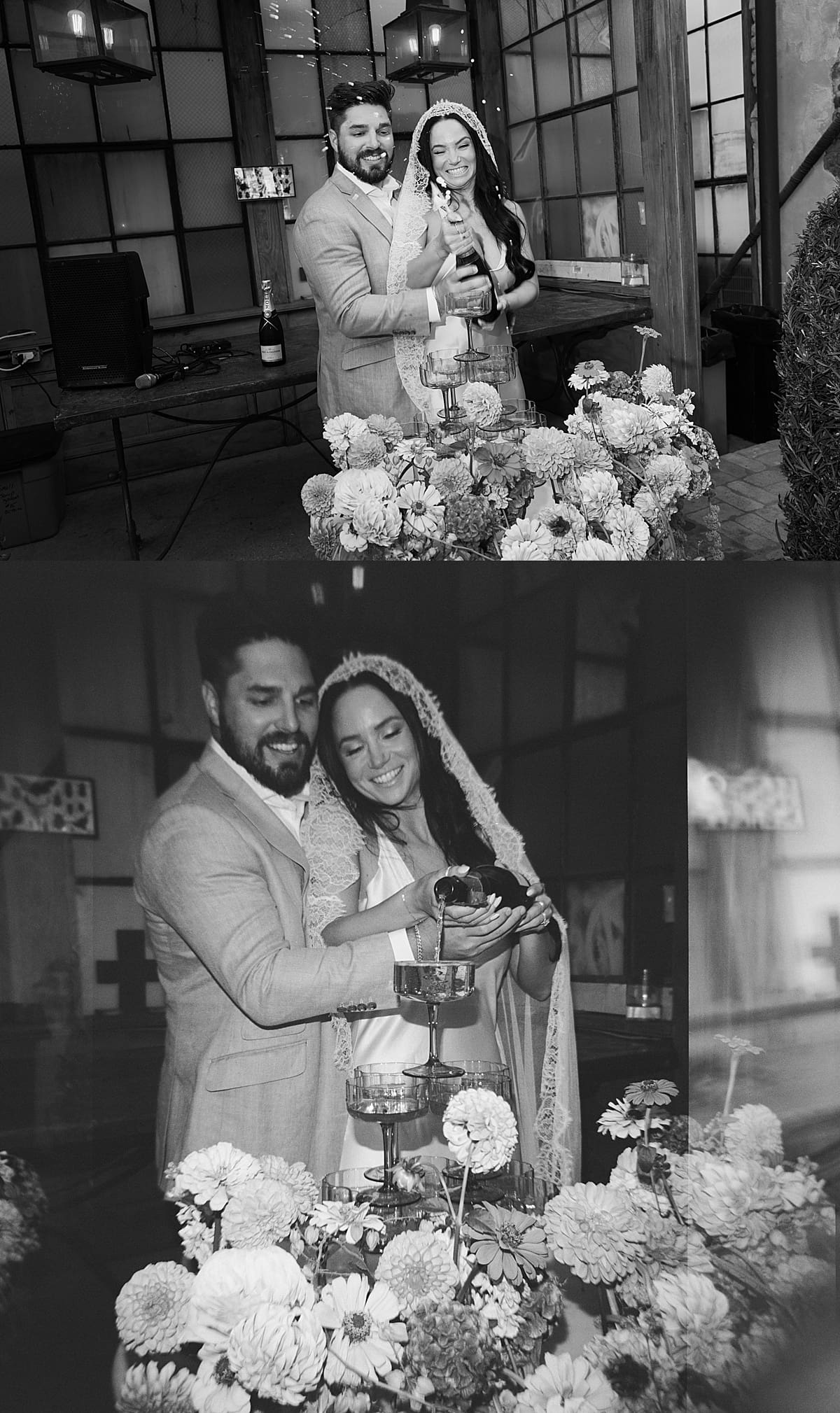 Man and woman pour champagne into champagne tower by New Orleans wedding photographer