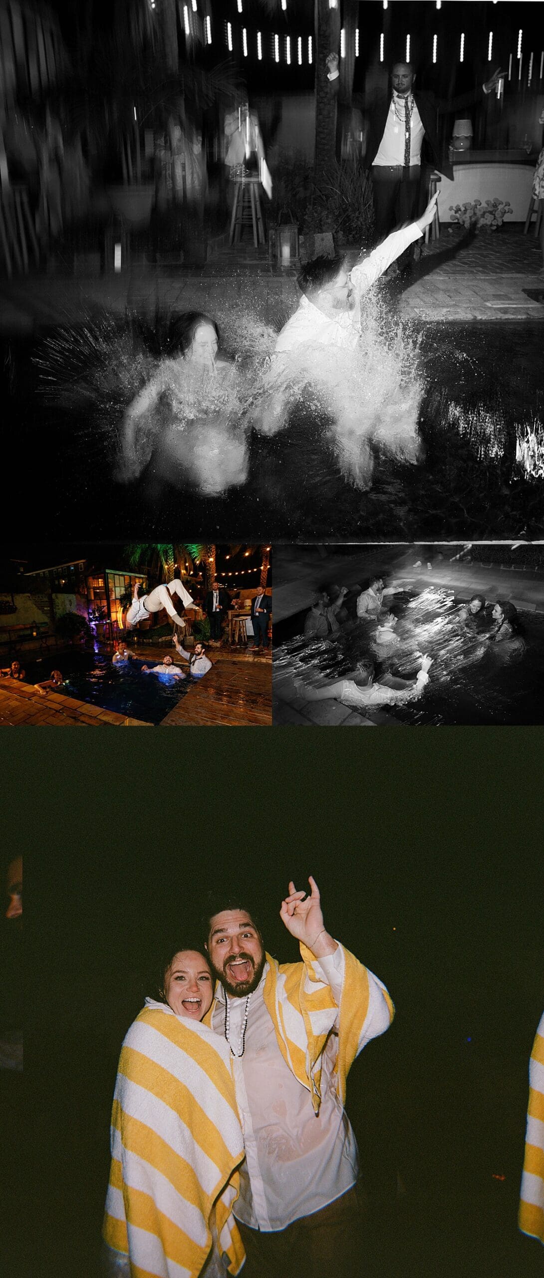 Bride and groom jump in a pool at the end of their wedding day by New Orleans wedding photographer