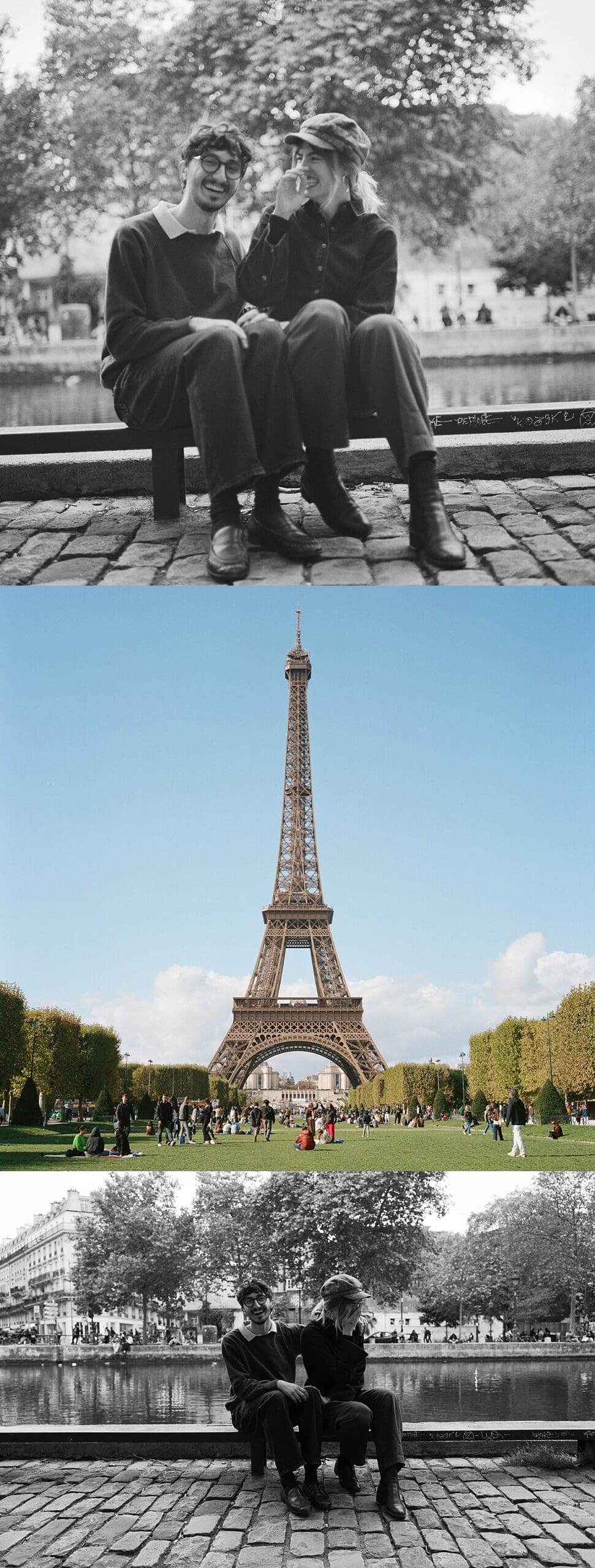 Couple laughs at joke beside the river in Paris by Shannon McLaughlin Photography