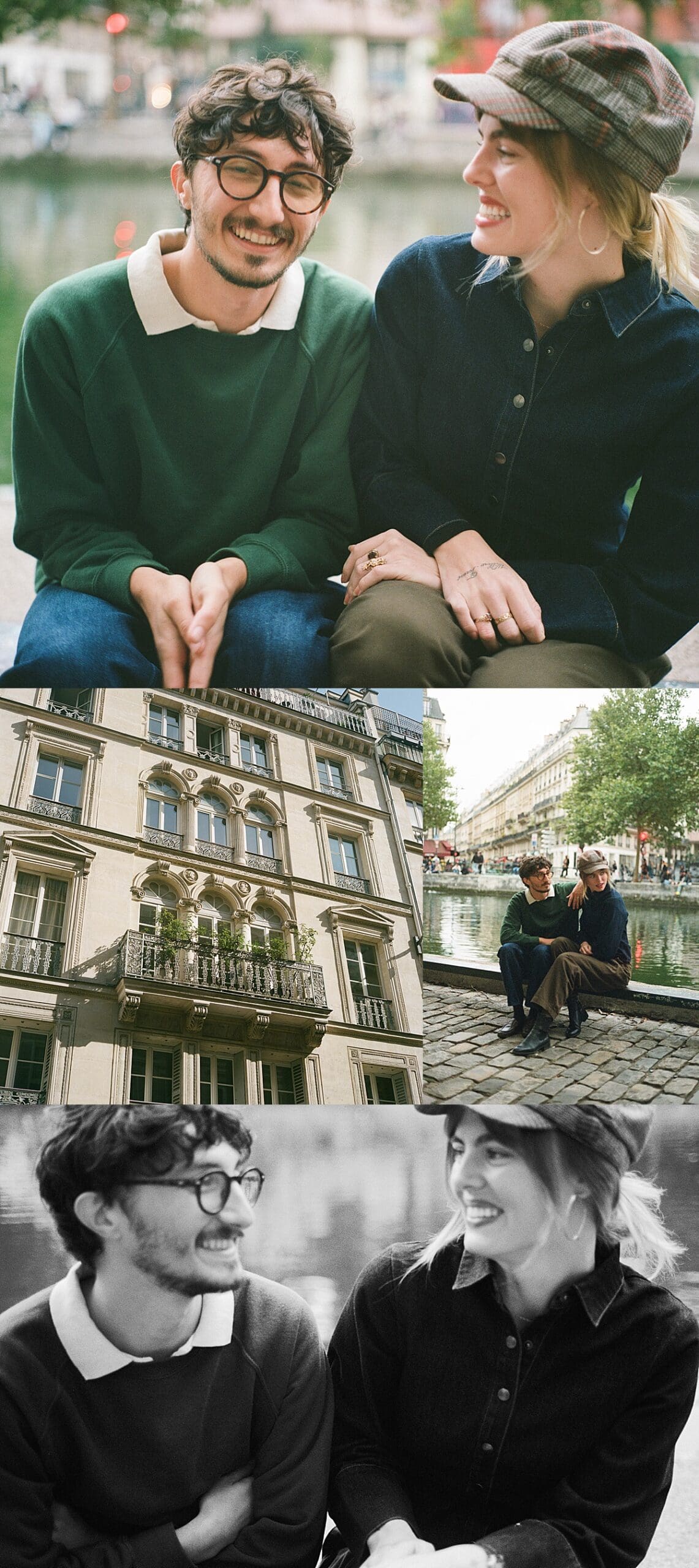 Two people in love sit smiling in black and white by Paris photographer