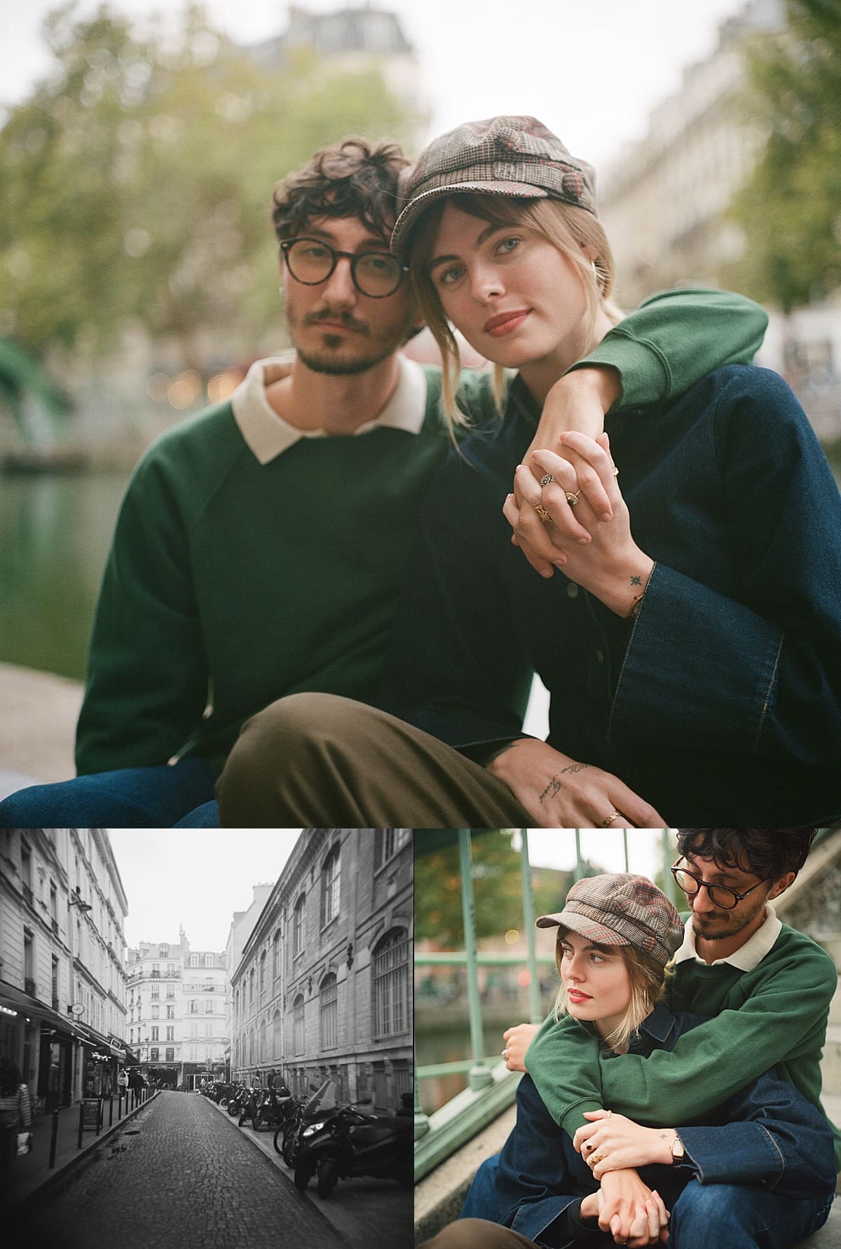 Husband wraps arms around wife sitting on the steps near the river by NYC wedding photographer