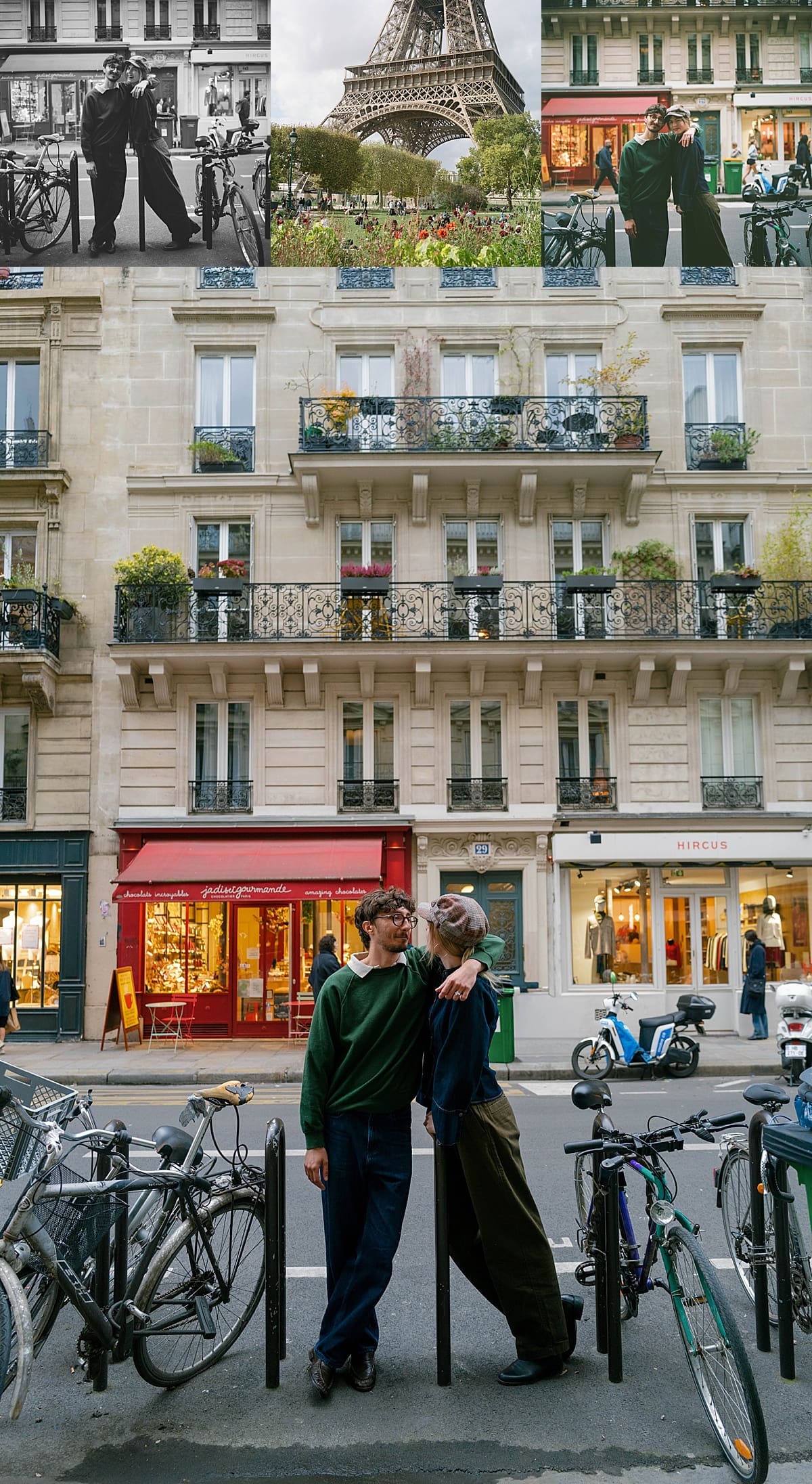 People stand between bikes on a bike rack in the street by Paris photographer