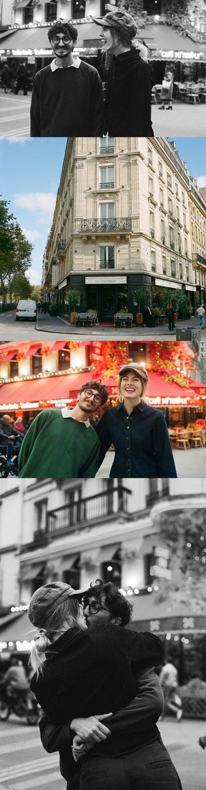 Husband and wife smile and laugh in front of the Cafe du Temple by Shannon McLaughlin Photography
